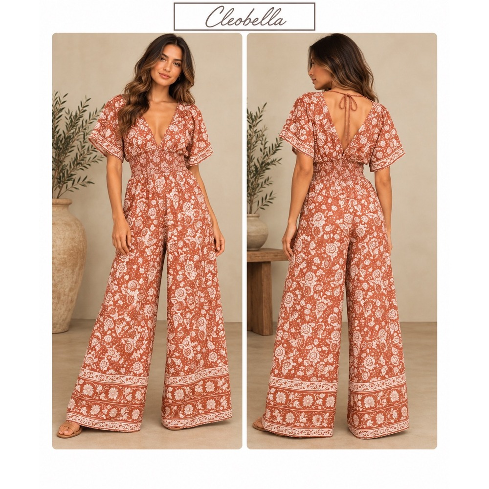 Cleobella Floral Wide Leg Jumpsuit Rust Terracotta Boho Smocked Open Back Small